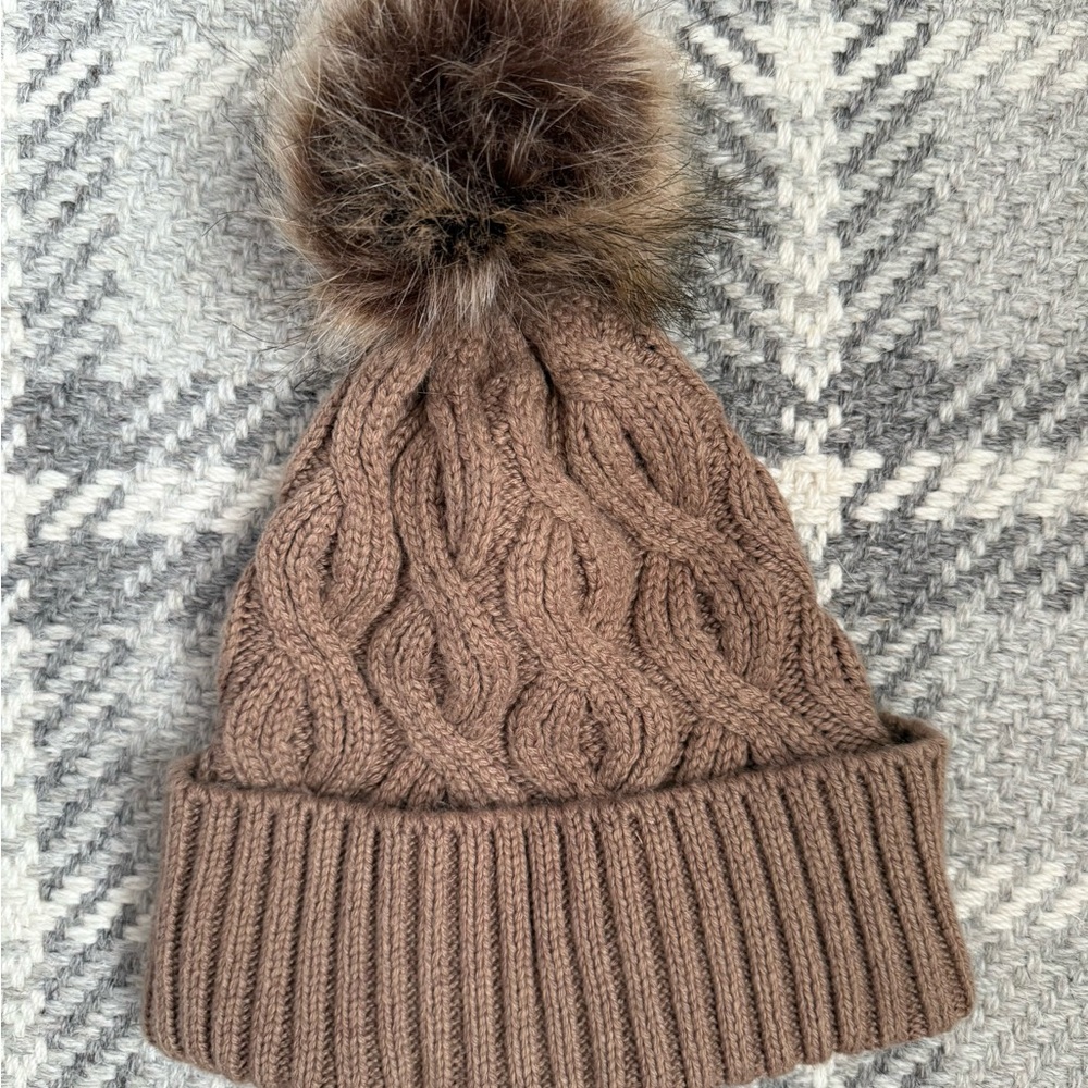 Echo Cable Knit Beanie with Faux Fur Pom, Tan